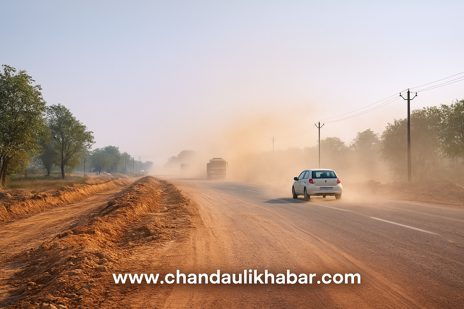 चंदौली: सकलडीहा रोड पर सड़क चौड़ीकरण के दौरान उड़ती धूल से आमजन परेशान